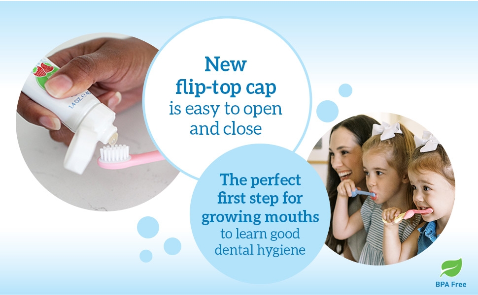 New flip top cap is easy to open & close, helps growing mouths to learn good hygiene 