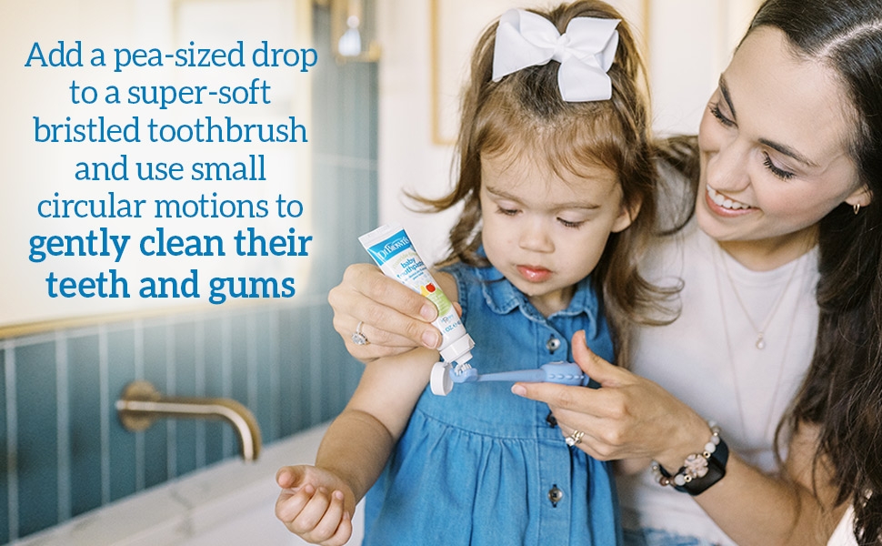 Add a pea sized drop to a super soft bristled toothbrush to gently clean their gums